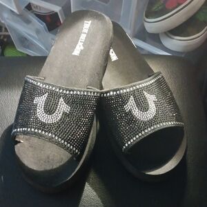 True Religion Black Rhinestone Embellished Slides